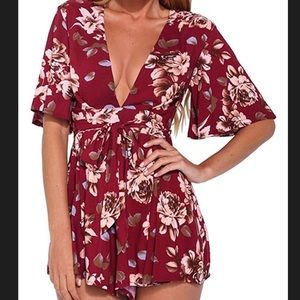 Wine red floral romper